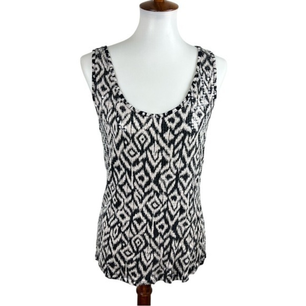 INC Black & White Ikat Sequin Tank Top XL Subtle Boho Sparkle